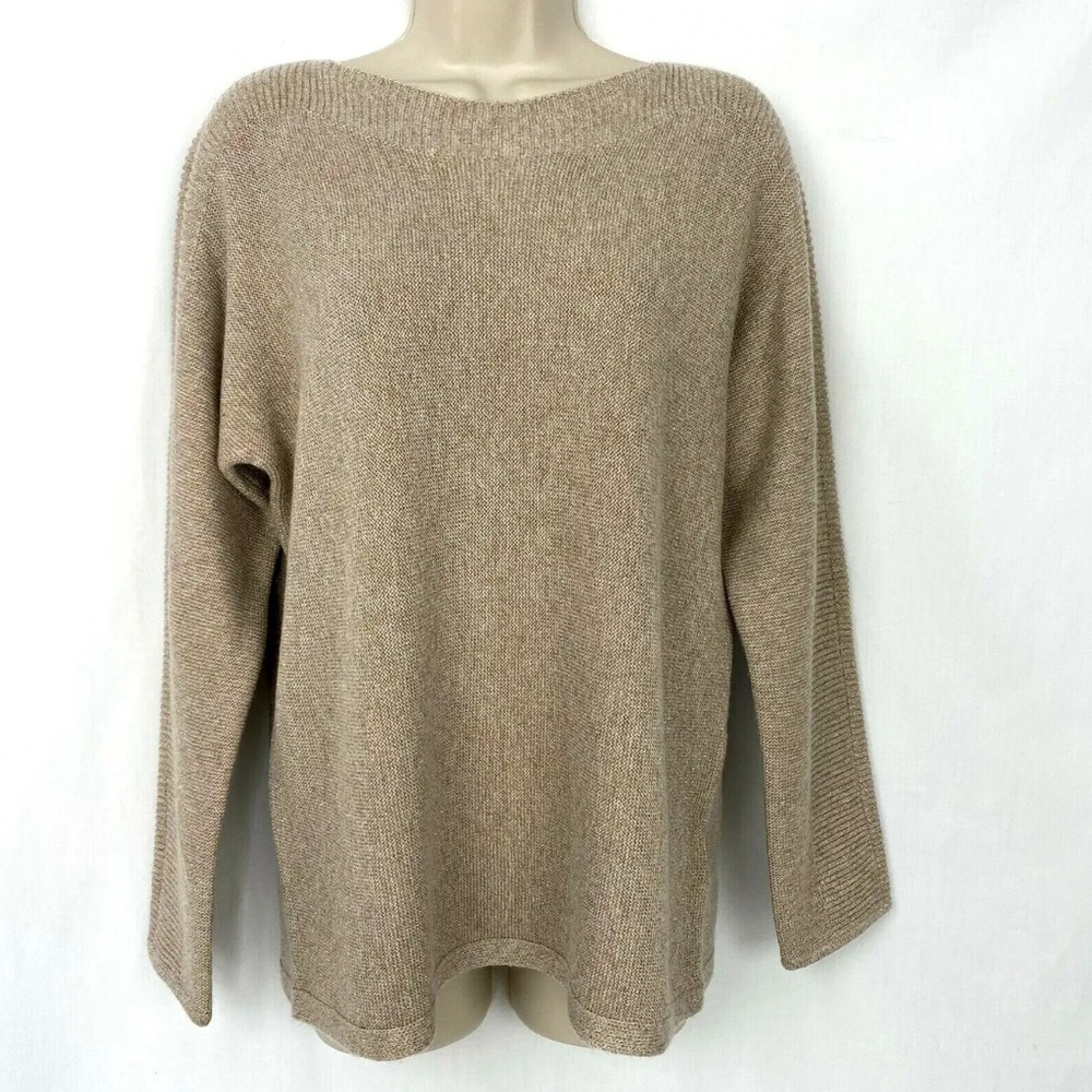Preloved Talbots Petite Sweater Beige Gold Metallic Boat Neck Wool Blend Soft!